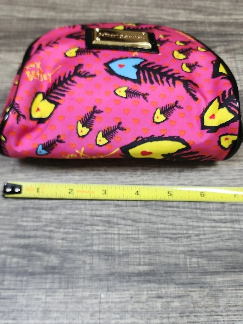 Betsey Johnson Pink & Yellow Fishbone Cosmetic Case